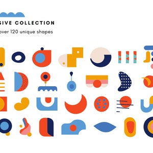 May include: A collection of over 120 unique, colorful, abstract shapes in various forms. The shapes are in shades of blue, orange, yellow, and pink, with the text "EXTENSIVE COLLECTION" and "Includes over 120 unique shapes" at the top.