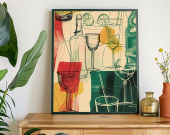 Abstract Cocktail Illustration, Lively Bar Scene Wall Art, 24x36 Digital PNG PDF, Home Bar Decor, Chic Party Theme Artwork