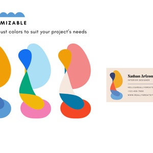 May include: The image showcases a business card held by a hand, featuring a colorful abstract design. The card displays the name "Nathan Arizona, Interior Designer," along with contact information. The image also includes a graphic with the word "CUSTOMIZABLE" and the text "Easily adjust colors to suit your project's needs."