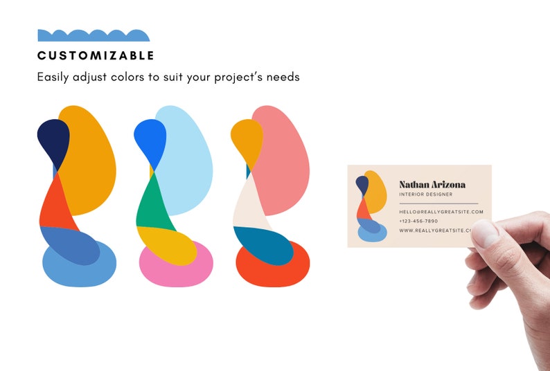May include: The image showcases a business card held by a hand, featuring a colorful abstract design. The card displays the name "Nathan Arizona, Interior Designer," along with contact information. The image also includes a graphic with the word "CUSTOMIZABLE" and the text "Easily adjust colors to suit your project's needs."