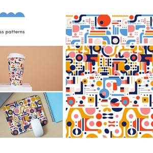 May include: A white travel mug, mousepad, and four seamless patterns with a colorful geometric design. The patterns feature shapes in red, blue, yellow, and pink. The mug is on a white surface, and the mousepad is on a beige surface. The text "BONUS 4 seamless patterns" is at the top.