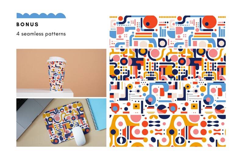 May include: A white travel mug, mousepad, and four seamless patterns with a colorful geometric design. The patterns feature shapes in red, blue, yellow, and pink. The mug is on a white surface, and the mousepad is on a beige surface. The text "BONUS 4 seamless patterns" is at the top.