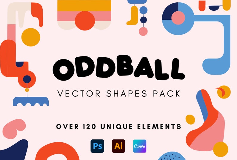 May include: A graphic design featuring the word "ODDBALL" in bold black letters, with "VECTOR SHAPES PACK" below. The image includes colorful abstract shapes and the text "OVER 120 UNIQUE ELEMENTS". Icons for Adobe Photoshop, Illustrator, and Canva are also present.