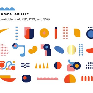 May include: A graphic design featuring colorful abstract shapes in red, blue, yellow, and orange. The text "WIDE COMPATABILITY" is at the top, with file type information below. The design includes various geometric forms and patterns.