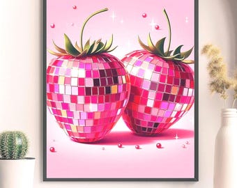 Retro Strawberry Disco Ball Print | Y2K Wall Art | Pink Maximalist Room Decor | Funky Aesthetic Poster | Digital Download