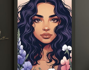 Latina Woman Floral Art Print | Modern Mexicana Portrait Wall Decor | Feminine Empowerment Art | Contemporary Latina Digital Download