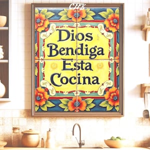 Dios Bendiga Esta Cocina Wall Art | Spanish Kitchen Blessing Print | Talavera Tile Decor | Catholic Home Digital Print
