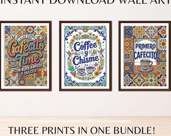 Cafecito Wall Art Bundle | Coffee y Chisme Print Set | Talavera Kitchen Decor | Mexican Coffee Bar Art | 3 Printable Prints