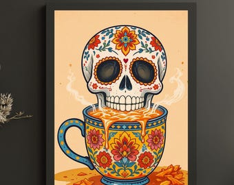 Sugar Skull Talavera Mug Wall Art | Mexican Coffee Kitchen Print | Dia de los Muertos Decor | Gothic Folk Digital Download