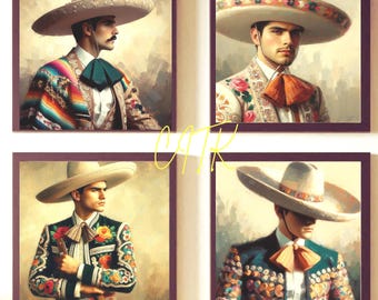 Charro Portrait Art Set | Mexican Cowboy Wall Art Bundle | Mexican Folk Gallery Prints | Talavera & Cultura Decor | Digital Download