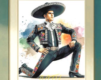 Mexican Charro Dancer Wall Art Printable | Mariachi Performer Portrait | Cultural Folk Art Decor