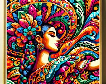 Latina Mexican Folk Wall Art Printable | Bold Mujer Cultural Portrait Decor | Colorful Heritage Print