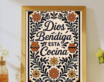 Dios Bendiga Esta Cocina Print Neutral | Spanish Kitchen Blessing Wall Art | Black White Talavera Kitchen Decor Printable