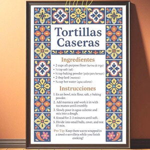 Recette de tortillas caseras Imprimer | Décoration murale cuisine mexicaine Talavera | Affiche de cuisine espagnole | Décoration Latina Cocina | Téléchargement numérique