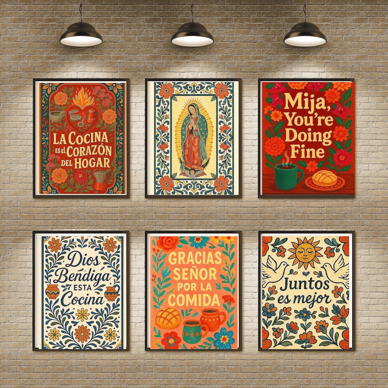 mexican food illustration talavera border wall art. Talavera kitchen wall art bundle featuring six colorful Mexican food illustrations with decorative tile inspired borders and folk art style composition
