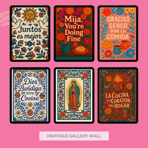 latina kitchen wall art digital download bundle. Cultural food art printable showing Mexican kitchen illustrations with modern folk art styling and bold colors
