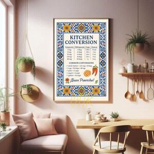 Framed Talavera kitchen chart styled on a rustic wooden kitchen wall. Colorful Latina cocina decor chart with conversion measurements
