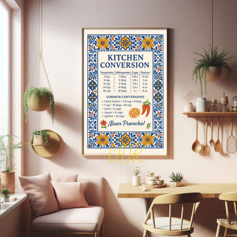 Framed Talavera kitchen chart styled on a rustic wooden kitchen wall. Colorful Latina cocina decor chart with conversion measurements