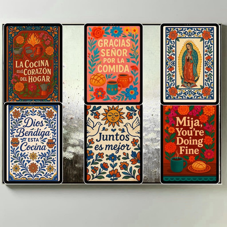 mexican food talavera illustration kitchen art bundle. Mexican kitchen decor printable art set featuring coordinated talavera framed food illustrations