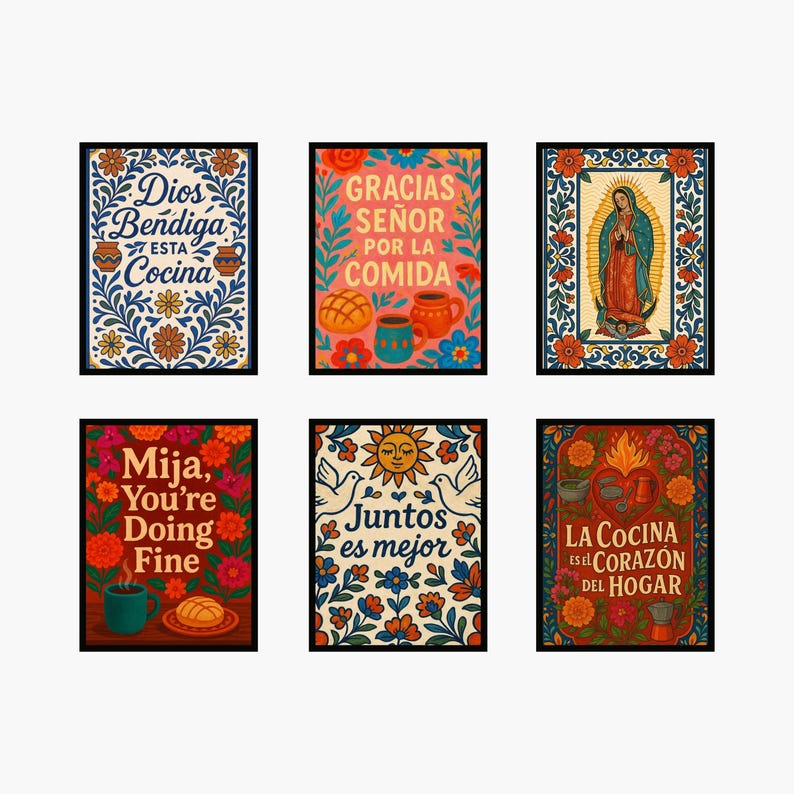 latina kitchen decor talavera food illustration print set. Latina kitchen decor printable art set showing vibrant talavera framed food scenes inspired by everyday Mexican cooking and family meals