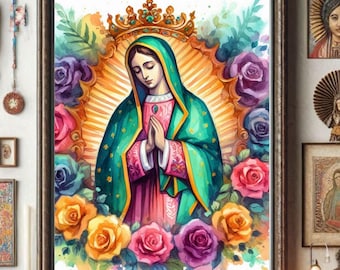Arte mural en acuarela de la Virgen de Guadalupe / Decoración católica imprimible para el hogar / Arte religioso mexicano / Impresión floral de Nuestra Señora de Guadalupe