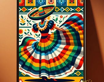 Lámina decorativa para pared con diseño de bailarina folclórica mexicana / Decoración de danza de la herencia latina / Lámina de arte folclórico cultural