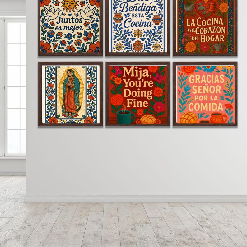cultural food art talavera kitchen wall prints. Colorful kitchen wall art printable designed for Latina homes featuring decorative talavera inspired tile frames