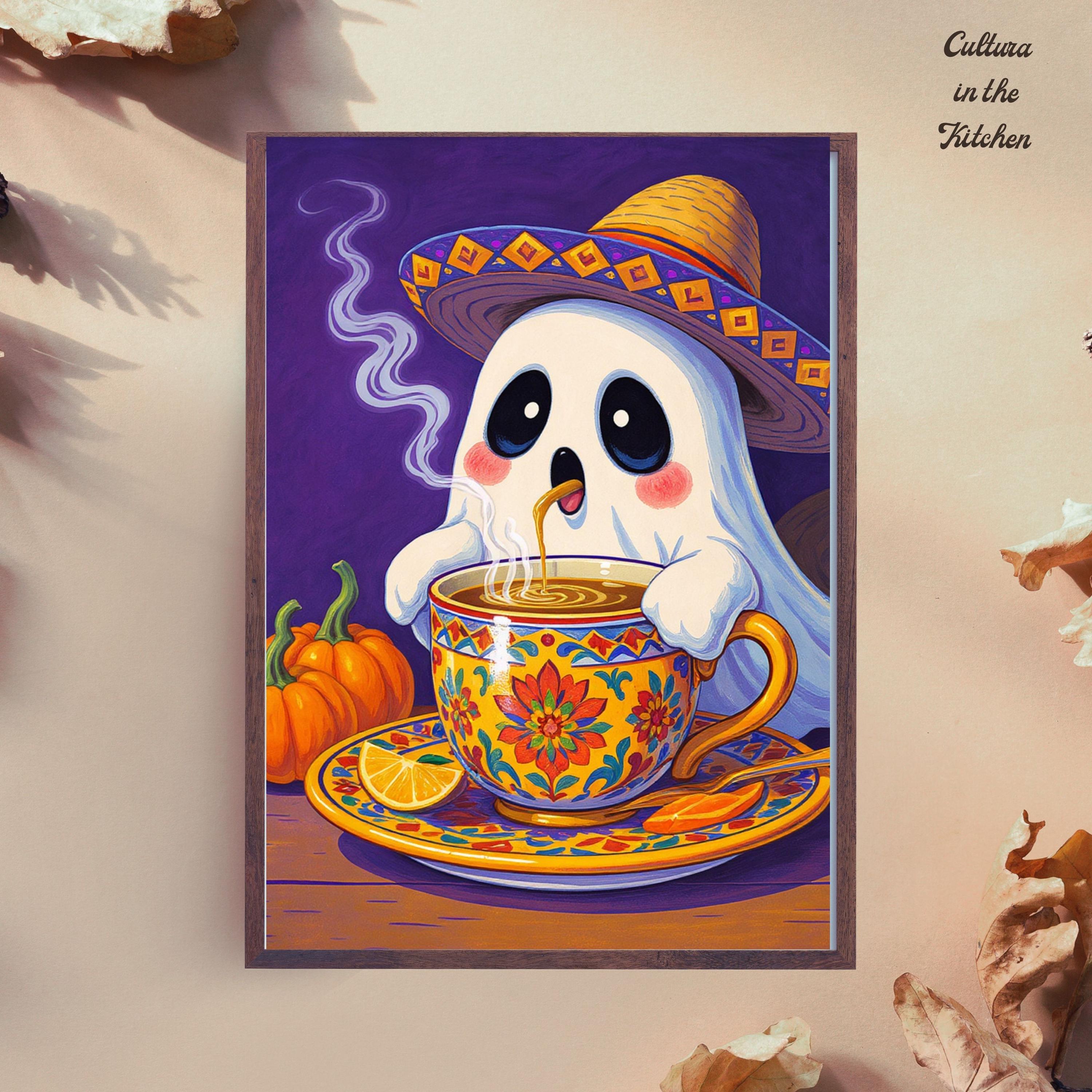Ghost Café de Olla Print: Talavera Mug, Mexican Halloween Art (Digital Download)