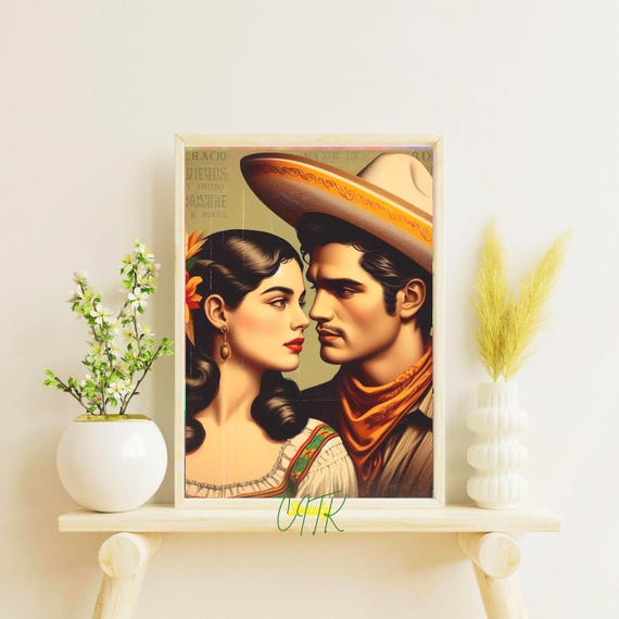 絵画 70s Mexican pair art Vintage Mexican Couple Art Print | Charro Romance Wall Decor | Old