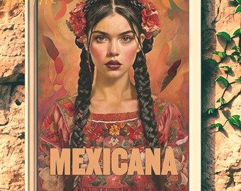 メキシカーナポートレートウォールアートプリント｜刺繍ドレスの文化的装飾｜ラテン系文化遺産アートプリント