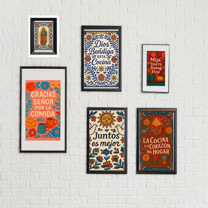 cultural kitchen art mexican food printable bundle. Cultural kitchen wall art printable set featuring Mexican food illustrations with vibrant color palette and tile border design