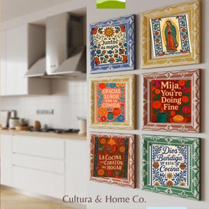 latina home decor kitchen printable talavera art set. Latina home decor kitchen printable showing bright cultural food artwork framed in traditional talavera inspired tiles