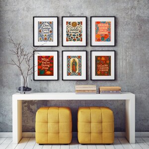 colorful kitchen printable latina home decor art. Mexican food illustration printable with talavera border featuring bright fruit bread and coffee in folk art style