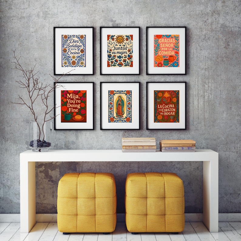 colorful kitchen printable latina home decor art. Mexican food illustration printable with talavera border featuring bright fruit bread and coffee in folk art style