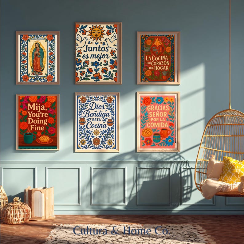 folk art mexican kitchen wall decor talavera style. Mexican folk art kitchen illustration framed with colorful talavera tiles featuring everyday cooking and food rituals