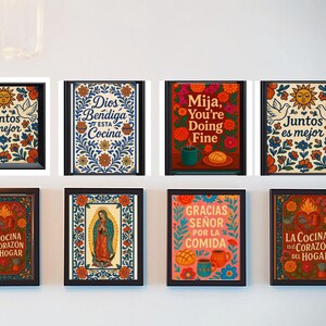cocina decor latina kitchen printable food art set. Cocina wall decor printable showing Latina kitchen art inspired by traditional food tables and warm home culture