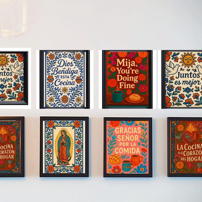 cocina decor latina kitchen printable food art set. Cocina wall decor printable showing Latina kitchen art inspired by traditional food tables and warm home culture