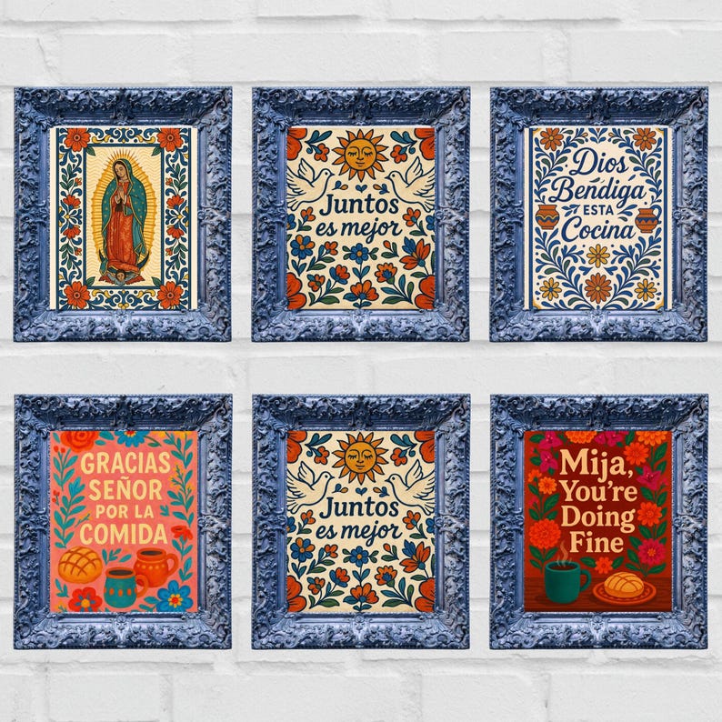Talavera kitchen wall art bundle mexican food printable set. Colorful cocina wall art bundle with six cohesive talavera style food illustrations designed as cultural kitchen printable artwork