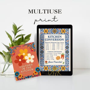 Instant digital download cooking chart for cultural kitchen decor shown on tablet as wallpaper