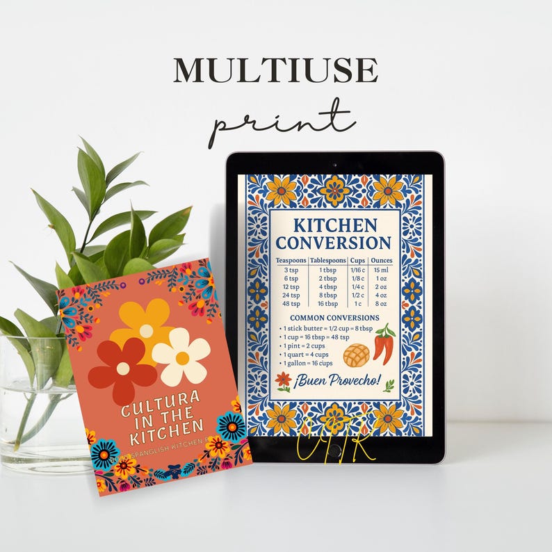 Instant digital download cooking chart for cultural kitchen decor shown on tablet as wallpaper