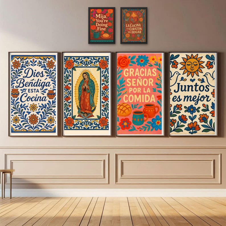 latina home kitchen printable cultural art set. Talavera tile kitchen art illustration featuring cultural food scenes with vibrant folk art inspired colors