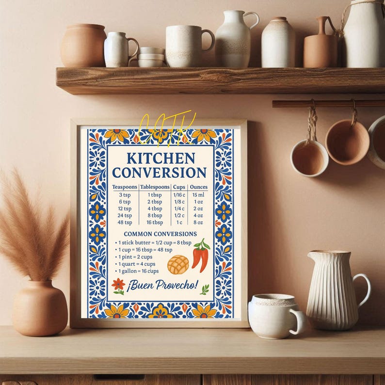 Digital download printable kitchen chart with vibrant Latin-inspired design. Digital download chart preview on tablet with Talavera design