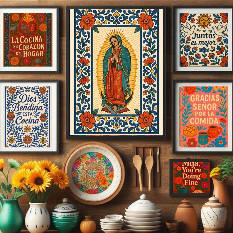 cocina wall decor mexican food art talavera. Cocina wall art printable showing Mexican food illustrations inspired by everyday home cooking traditions