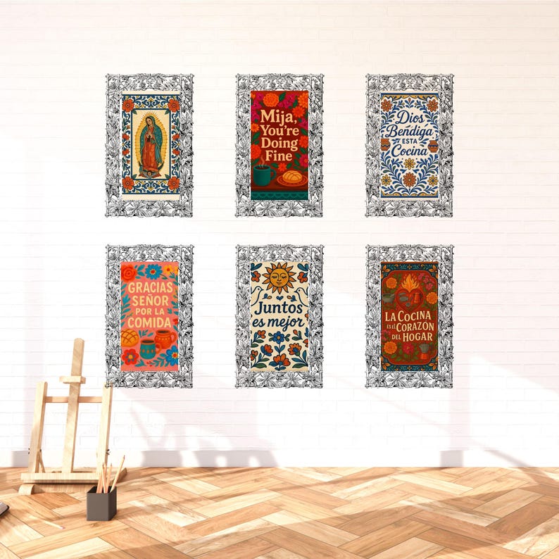 cocina wall decor mexican food art talavera. Talavera kitchen wall art set featuring six food illustrations created in a consistent cultural illustration style