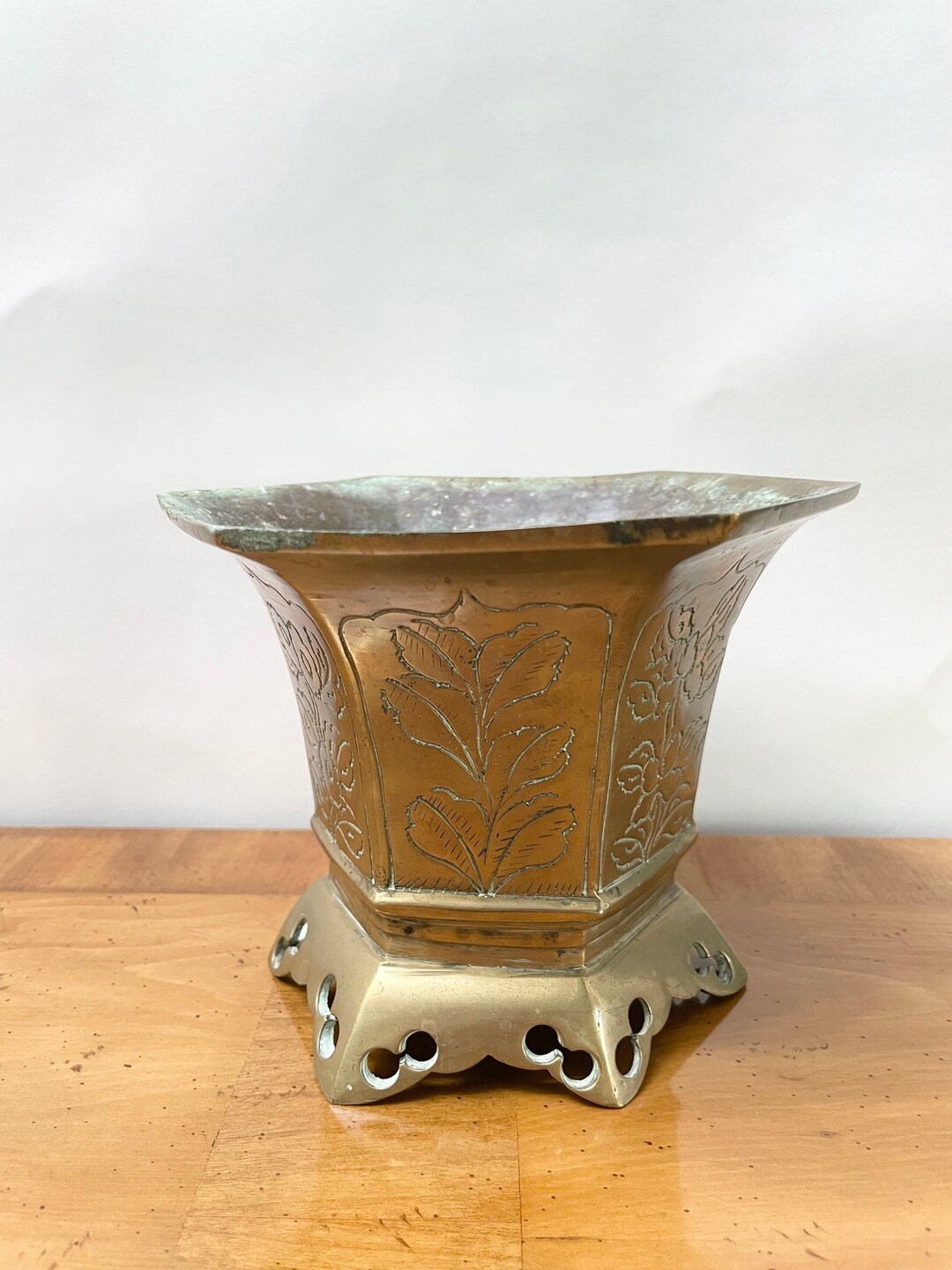 Brass Engraved Planter Made in China Art Deco Brass Etsy