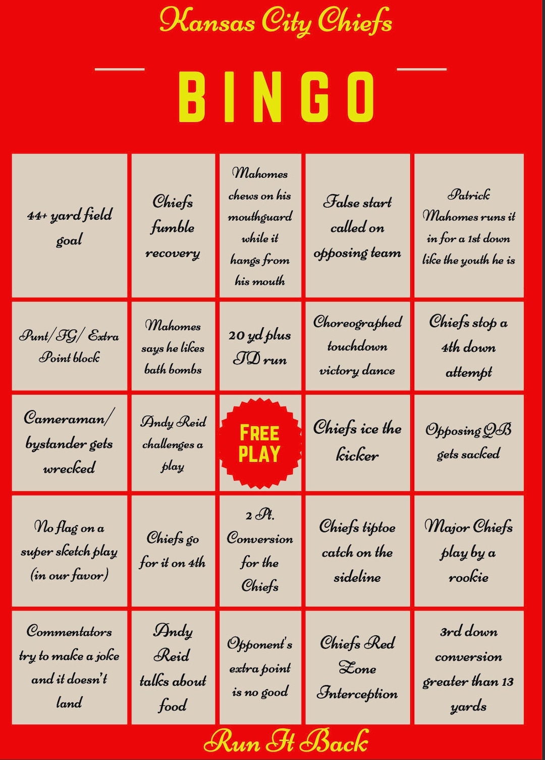 Kansas City Chiefs Downloadable Bingo Game Etsy