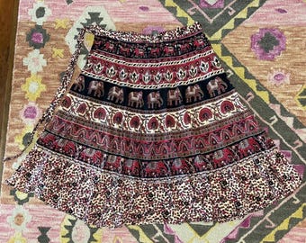 Spódnica midi w stylu vintage z indyjskiej bawełny z motywem pawia i słonia