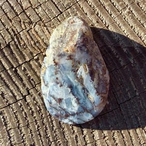 May include: A polished, teardrop-shaped stone featuring a translucent, pale blue base with intricate, dark brown, branch-like inclusions running throughout the surface. The stone has a smooth, glossy texture and exhibits natural color variations.