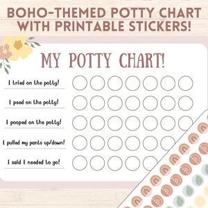 Può includere: Un grafico di allenamento per il vasino stampabile con un tema boho. Il grafico ha cinque righe con le frasi "Ho provato ad andare sul vasino!" "Ho fatto la pipì sul vasino!" "Ho fatto la cacca sul vasino!" "Mi sono tirato su i pantaloni!" e "Ho detto che dovevo andare al vasino!" Ogni riga ha otto cerchi vuoti per gli adesivi. Il grafico è rosa con un design floreale nella parte superiore. L'immagine mostra anche un foglio di adesivi con arcobaleni, foglie e punti.