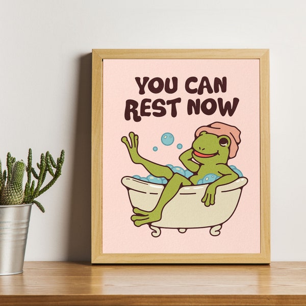 Girly Frog Self Love Wall Print, Positivity You Can Rest Now Quote, Pink Retro Posters, Dorm Room Decor, Frog Prints, Cute Print, UNFRAMED